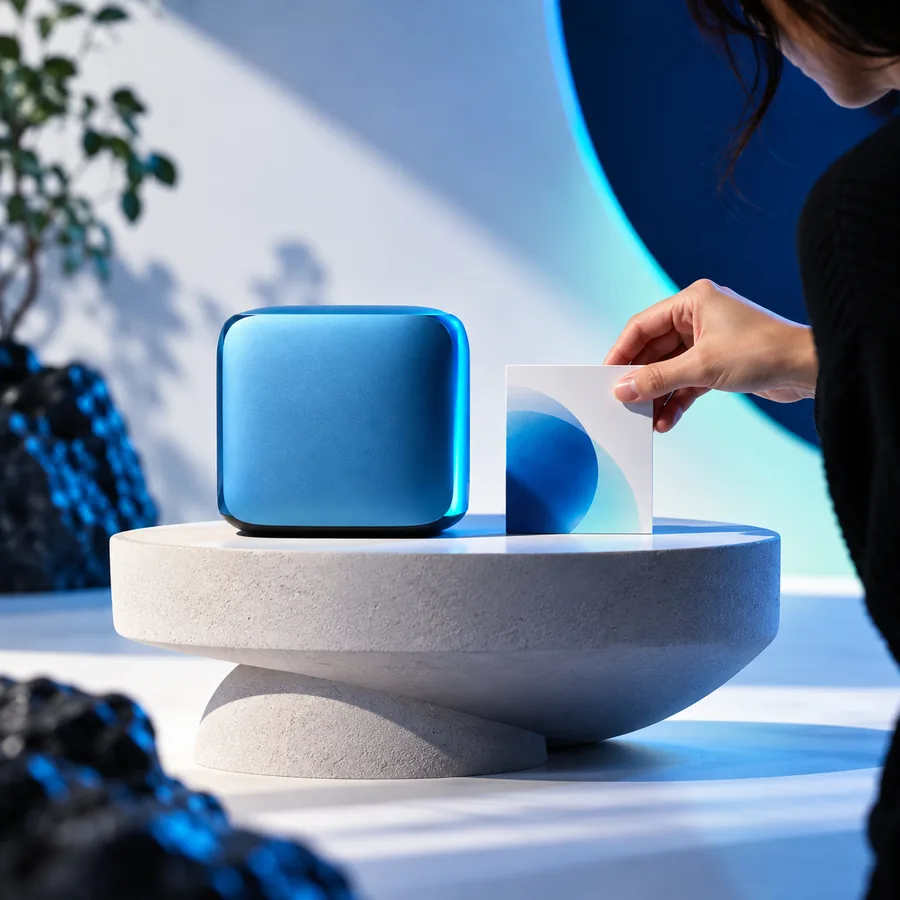 Blue product launch scene
