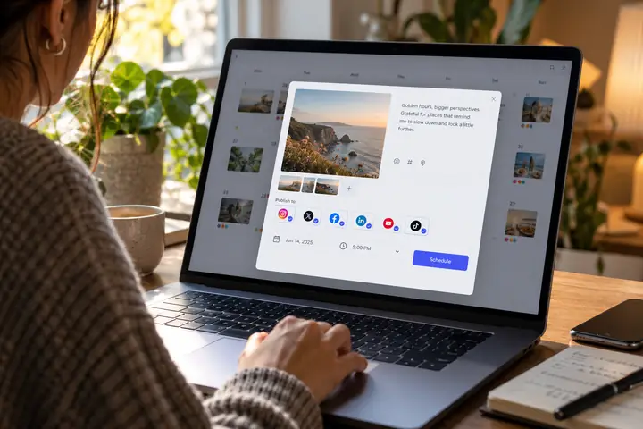 A realistic social content management interface showing a scheduled-post editor over a softly dimmed calendar view, with caption, channel selections, and date controls.
