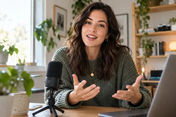A candid portrait of an independent creator speaking to camera at a bright home desk, with a small microphone and computer in the background.