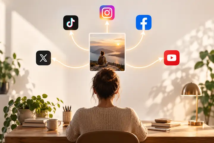 A polished, minimal product illustration of one post flowing from a central publishing workspace to five recognizable social channel icons on a soft off-white background.
