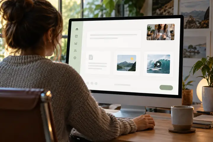 A realistic desktop preview of a clean social publishing workspace, showing a pale green sidebar, text, image and video post choices, and a small presenter video inset.