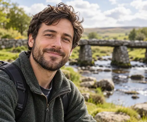 A friendly independent software maker in a natural outdoor portrait, close framing, soft daylight and an approachable expression.