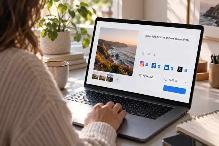 A realistic close view of a modern post scheduling interface with a caption field, selected social channels, and a date and time control, framed inside a quiet light desktop workspace.